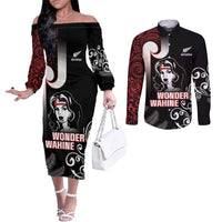 New Zealand Aotearoa Mana Wahine Couples Matching Off The Shoulder Long Sleeve Dress and Long Sleeve Button Shirt LT05 Black - Polynesian Pride