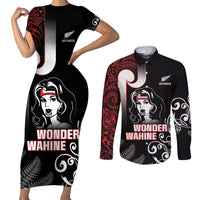New Zealand Aotearoa Mana Wahine Couples Matching Short Sleeve Bodycon Dress and Long Sleeve Button Shirt LT05 Black - Polynesian Pride