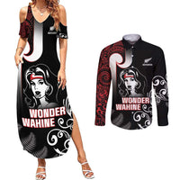 New Zealand Aotearoa Mana Wahine Couples Matching Summer Maxi Dress and Long Sleeve Button Shirt LT05 Black - Polynesian Pride