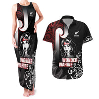 New Zealand Aotearoa Mana Wahine Couples Matching Tank Maxi Dress and Hawaiian Shirt LT05 Black - Polynesian Pride