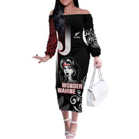 New Zealand Aotearoa Mana Wahine Family Matching Off The Shoulder Long Sleeve Dress and Hawaiian Shirt LT05 Mom's Dress Black - Polynesian Pride