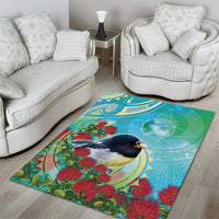 New Zealand Tomtit Area Rug Maori Koru With Pohutukawa Galaxy Style - Polynesian Pride
