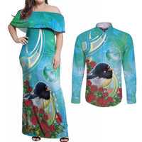 New Zealand Tomtit Couples Matching Off Shoulder Maxi Dress and Long Sleeve Button Shirt Maori Koru With Pohutukawa Galaxy Style LT05 Aqua - Polynesian Pride