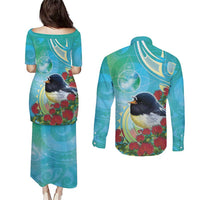 New Zealand Tomtit Couples Matching Puletasi and Long Sleeve Button Shirt Maori Koru With Pohutukawa Galaxy Style LT05 - Polynesian Pride