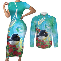 New Zealand Tomtit Couples Matching Short Sleeve Bodycon Dress and Long Sleeve Button Shirt Maori Koru With Pohutukawa Galaxy Style LT05 Aqua - Polynesian Pride