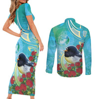 New Zealand Tomtit Couples Matching Short Sleeve Bodycon Dress and Long Sleeve Button Shirt Maori Koru With Pohutukawa Galaxy Style LT05 - Polynesian Pride