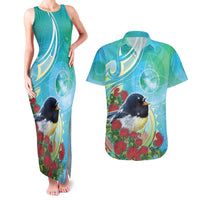 New Zealand Tomtit Couples Matching Tank Maxi Dress and Hawaiian Shirt Maori Koru With Pohutukawa Galaxy Style LT05 Aqua - Polynesian Pride
