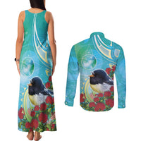 New Zealand Tomtit Couples Matching Tank Maxi Dress and Long Sleeve Button Shirt Maori Koru With Pohutukawa Galaxy Style LT05 - Polynesian Pride