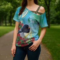 New Zealand Tomtit Cross Shoulder Shirt Maori Koru With Pohutukawa Galaxy Style - Polynesian Pride