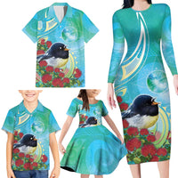 New Zealand Tomtit Family Matching Long Sleeve Bodycon Dress and Hawaiian Shirt Maori Koru With Pohutukawa Galaxy Style LT05 - Polynesian Pride