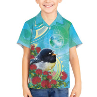 New Zealand Tomtit Family Matching Tank Maxi Dress and Hawaiian Shirt Maori Koru With Pohutukawa Galaxy Style LT05 Son's Shirt Aqua - Polynesian Pride