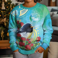 New Zealand Tomtit Kid Ugly Christmas Sweater Maori Koru With Pohutukawa Galaxy Style LT05 - Polynesian Pride