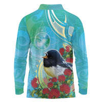 New Zealand Tomtit Long Sleeve Polo Shirt Maori Koru With Pohutukawa Galaxy Style - Polynesian Pride