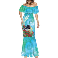 New Zealand Tomtit Mermaid Dress Maori Koru With Pohutukawa Galaxy Style LT05 - Polynesian Pride