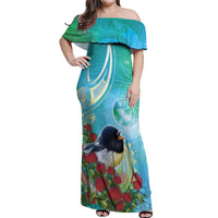 New Zealand Tomtit Off Shoulder Maxi Dress Maori Koru With Pohutukawa Galaxy Style LT05 Women Aqua - Polynesian Pride