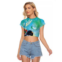 New Zealand Tomtit Raglan Cropped T Shirt Maori Koru With Pohutukawa Galaxy Style LT05 Female Aqua - Polynesian Pride