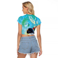 New Zealand Tomtit Raglan Cropped T Shirt Maori Koru With Pohutukawa Galaxy Style LT05 - Polynesian Pride