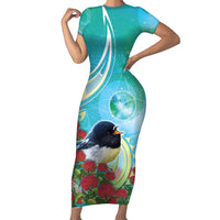 New Zealand Tomtit Short Sleeve Bodycon Dress Maori Koru With Pohutukawa Galaxy Style LT05 Long Dress Aqua - Polynesian Pride
