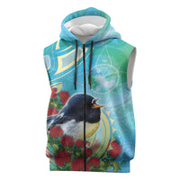 New Zealand Tomtit Sleeveless Zip Hoodie Maori Koru With Pohutukawa Galaxy Style LT05 Aqua - Polynesian Pride