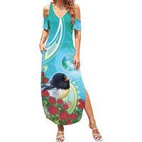 New Zealand Tomtit Summer Maxi Dress Maori Koru With Pohutukawa Galaxy Style LT05 Women Aqua - Polynesian Pride