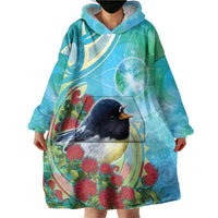 New Zealand Tomtit Wearable Blanket Hoodie Maori Koru With Pohutukawa Galaxy Style LT05 - Polynesian Pride