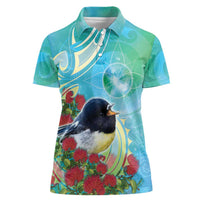 New Zealand Tomtit Women Polo Shirt Maori Koru With Pohutukawa Galaxy Style LT05 Female Aqua - Polynesian Pride