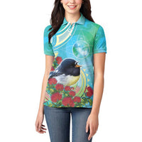New Zealand Tomtit Women Polo Shirt Maori Koru With Pohutukawa Galaxy Style LT05 - Polynesian Pride