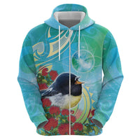 New Zealand Tomtit Zip Hoodie Maori Koru With Pohutukawa Galaxy Style LT05 - Polynesian Pride