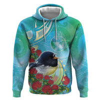New Zealand Tomtit Zip Hoodie Maori Koru With Pohutukawa Galaxy Style LT05 Pullover Hoodie Aqua - Polynesian Pride