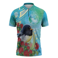 New Zealand Tomtit Zipper Polo Shirt Maori Koru With Pohutukawa Galaxy Style LT05 Aqua - Polynesian Pride
