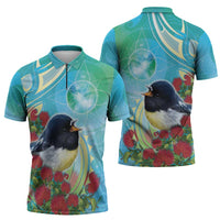New Zealand Tomtit Zipper Polo Shirt Maori Koru With Pohutukawa Galaxy Style LT05 - Polynesian Pride