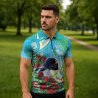 New Zealand Tomtit Zipper Polo Shirt Maori Koru With Pohutukawa Galaxy Style LT05 - Polynesian Pride