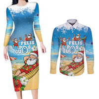 Guam Christmas Couples Matching Long Sleeve Bodycon Dress and Long Sleeve Button Shirt Felis Pasgua Chilling Santa LT05 Blue - Polynesian Pride