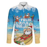 Guam Christmas Family Matching Off Shoulder Short Dress and Hawaiian Shirt Felis Pasgua Chilling Santa LT05 Dad's Shirt - Long Sleeve Blue - Polynesian Pride