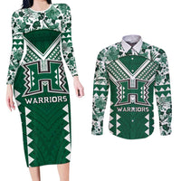 Custom Hawaii Football Couples Matching Long Sleeve Bodycon Dress and Long Sleeve Button Shirt Rainbow Warriors Tropical Vibes LT05 Green - Polynesian Pride
