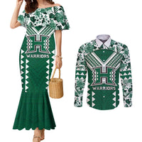 Custom Hawaii Football Couples Matching Mermaid Dress and Long Sleeve Button Shirt Rainbow Warriors Tropical Vibes LT05 Green - Polynesian Pride