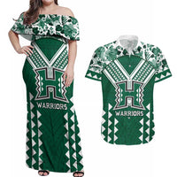Custom Hawaii Football Couples Matching Off Shoulder Maxi Dress and Hawaiian Shirt Rainbow Warriors Tropical Vibes LT05 Green - Polynesian Pride
