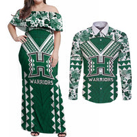 Custom Hawaii Football Couples Matching Off Shoulder Maxi Dress and Long Sleeve Button Shirt Rainbow Warriors Tropical Vibes LT05 Green - Polynesian Pride