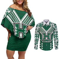Custom Hawaii Football Couples Matching Off Shoulder Short Dress and Long Sleeve Button Shirt Rainbow Warriors Tropical Vibes LT05 Green - Polynesian Pride