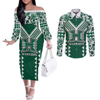Custom Hawaii Football Couples Matching Off The Shoulder Long Sleeve Dress and Long Sleeve Button Shirt Rainbow Warriors Tropical Vibes LT05 Green - Polynesian Pride