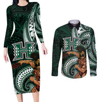 Hawaii Ikaika Warrior Football Couples Matching Long Sleeve Bodycon Dress and Long Sleeve Button Shirt Polynesian Tribal Tattoo LT05 Black - Polynesian Pride