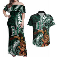 Hawaii Ikaika Warrior Football Couples Matching Off Shoulder Maxi Dress and Hawaiian Shirt Polynesian Tribal Tattoo LT05 Black - Polynesian Pride