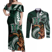 Hawaii Ikaika Warrior Football Couples Matching Off Shoulder Maxi Dress and Long Sleeve Button Shirt Polynesian Tribal Tattoo LT05 Black - Polynesian Pride
