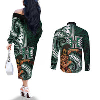 Hawaii Ikaika Warrior Football Couples Matching Off The Shoulder Long Sleeve Dress and Long Sleeve Button Shirt Polynesian Tribal Tattoo LT05 - Polynesian Pride