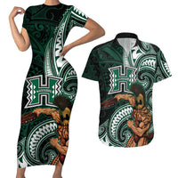 Hawaii Ikaika Warrior Football Couples Matching Short Sleeve Bodycon Dress and Hawaiian Shirt Polynesian Tribal Tattoo LT05 Black - Polynesian Pride