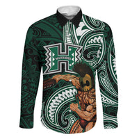 Hawaii Ikaika Warrior Football Family Matching Off The Shoulder Long Sleeve Dress and Hawaiian Shirt Polynesian Tribal Tattoo LT05 Dad's Shirt - Long Sleeve Black - Polynesian Pride