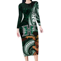 Hawaii Ikaika Warrior Football Long Sleeve Bodycon Dress Polynesian Tribal Tattoo LT05 Long Dress Black - Polynesian Pride