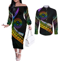 Personalised LGBT History Month Couples Matching Off The Shoulder Long Sleeve Dress and Long Sleeve Button Shirt Proud And Happy Polynesian Dolphin LT05 Black - Polynesian Pride