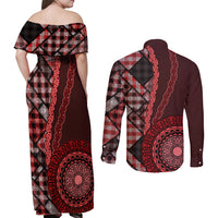New Zealand Aotearoa Couples Matching Off Shoulder Maxi Dress and Long Sleeve Button Shirt Maori Harakeke Weaving Pattern Red LT05 - Polynesian Pride