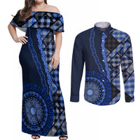 New Zealand Aotearoa Couples Matching Off Shoulder Maxi Dress and Long Sleeve Button Shirt Maori Harakeke Weaving Pattern Blue LT05 Blue - Polynesian Pride